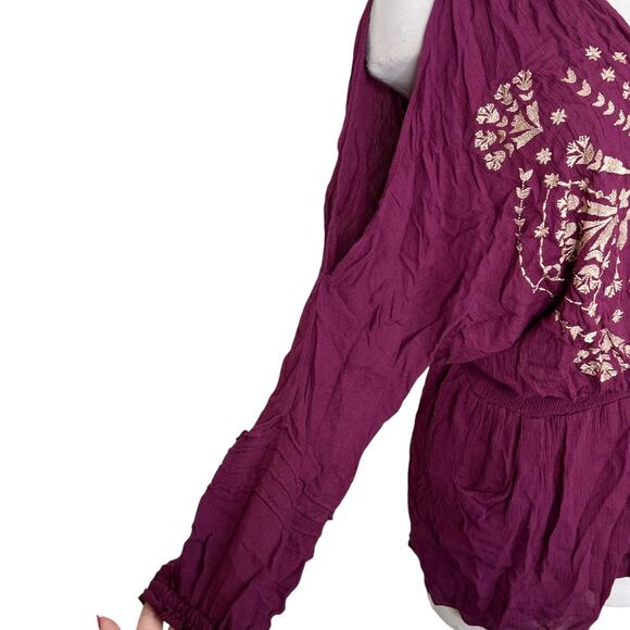 Free People Embroidered Faux Wrap Cold Shoulder Gauze Romper Maroon Womens XS - Picture 5 of 7